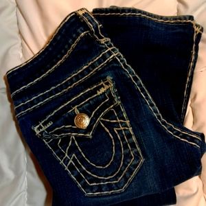 TRUE RELIGION Medium Wash Size 29 Wide Leg Denim Jean White Stitch Flap Pocket